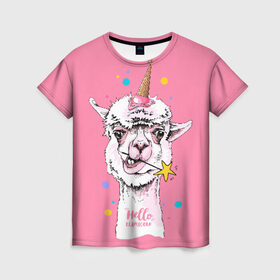 Женская футболка 3D с принтом Hello llamacorn в Белгороде, 100% полиэфир ( синтетическое хлопкоподобное полотно) | прямой крой, круглый вырез горловины, длина до линии бедер | alpaca | animal | carnival | cool | cup | head | horn | ice cream | llama | look | pink | slogan | star | unicorn | waffle | альпака | вафельный | взгляд | голова | единорог | животное | звезда | карнавал | лама | мороженое | привет | прикольный | р