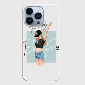 Чехол для iPhone 13 Pro с принтом The girls be free в Белгороде,  |  | baseball cap | blonde | denim | figure | freedom | gesture | girl | goat | hands | shorts | slim | slogan | topic | v | victoria | victory | бейсболка | блондинка | виктория | девочка | девушка | девушки будут свободны | джинсов | жест | коза | побе