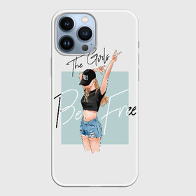 Чехол для iPhone 13 Pro Max с принтом The girls be free в Белгороде,  |  | baseball cap | blonde | denim | figure | freedom | gesture | girl | goat | hands | shorts | slim | slogan | topic | v | victoria | victory | бейсболка | блондинка | виктория | девочка | девушка | девушки будут свободны | джинсов | жест | коза | побе