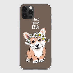 Чехол для iPhone 12 Pro Max с принтом I need your love в Белгороде, Силикон |  | animal | breed | chamomile | cute | dog | flowers | funny | i need your love | inscription | puppy | welsh corgi pembroke | вельш корги пемброк | животное | забавный | любовь | милый | мне нужна твоя любовь | надпись | порода | ромашки | собака | цв