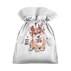 Подарочный 3D мешок с принтом I need your love в Белгороде, 100% полиэстер | Размер: 29*39 см | animal | bow | bow tie | breed | cute | dog | funny | hearts | i need your love | polka dot | puppy | red | the inscription | white | бант | белый | вельш корги пемброк | галстук бабочка | горошек | животное | забавный | красный | любовь | милый | м