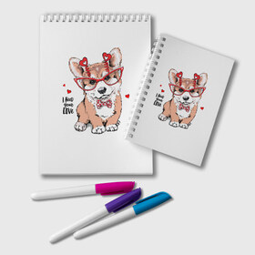 Блокнот с принтом I need your love в Белгороде, 100% бумага | 48 листов, плотность листов — 60 г/м2, плотность картонной обложки — 250 г/м2. Листы скреплены удобной пружинной спиралью. Цвет линий — светло-серый
 | Тематика изображения на принте: animal | bow | bow tie | breed | cute | dog | funny | hearts | i need your love | polka dot | puppy | red | the inscription | white | бант | белый | вельш корги пемброк | галстук бабочка | горошек | животное | забавный | красный | любовь | милый | м