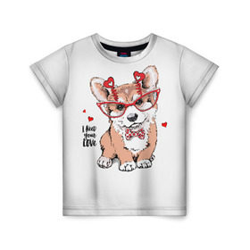 Детская футболка 3D с принтом I need your love в Белгороде, 100% гипоаллергенный полиэфир | прямой крой, круглый вырез горловины, длина до линии бедер, чуть спущенное плечо, ткань немного тянется | animal | bow | bow tie | breed | cute | dog | funny | hearts | i need your love | polka dot | puppy | red | the inscription | white | бант | белый | вельш корги пемброк | галстук бабочка | горошек | животное | забавный | красный | любовь | милый | м