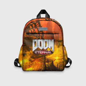 Детский рюкзак 3D с принтом DOOM ETERNAL в Белгороде, 100% полиэстер | лямки с регулируемой длиной, сверху петелька, чтобы рюкзак можно было повесить на вешалку. Основное отделение закрывается на молнию, как и внешний карман. Внутри дополнительный карман. По бокам два дополнительных кармашка | doom | doom eternal | game | дум