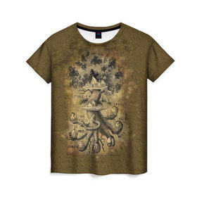 Женская футболка 3D с принтом Дерево жизни в Белгороде, 100% полиэфир ( синтетическое хлопкоподобное полотно) | прямой крой, круглый вырез горловины, длина до линии бедер | Тематика изображения на принте: 3d | 9 миров | абстракция | арт | дерево жизни | индраксиль | песочный