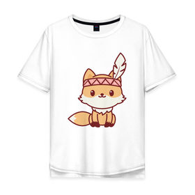 Мужская футболка хлопок Oversize с принтом Лисенок индеец в Белгороде, 100% хлопок | свободный крой, круглый ворот, “спинка” длиннее передней части | fox | лис | лиса | лисенок | лисица | милая | пушистик | рыжая