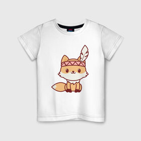 Детская футболка хлопок с принтом Лисенок индеец в Белгороде, 100% хлопок | круглый вырез горловины, полуприлегающий силуэт, длина до линии бедер | fox | лис | лиса | лисенок | лисица | милая | пушистик | рыжая