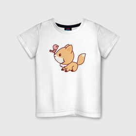 Детская футболка хлопок с принтом Лисенок с птичкой на носу в Белгороде, 100% хлопок | круглый вырез горловины, полуприлегающий силуэт, длина до линии бедер | fox | лис | лиса | лисенок | лисица | милая | пушистик | рыжая