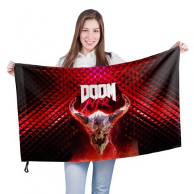 Флаг 3D с принтом Doom Enternal в Белгороде, 100% полиэстер | плотность ткани — 95 г/м2, размер — 67 х 109 см. Принт наносится с одной стороны | 3d | doom enternal | игра | компьютерная | логотип | планета | темный | шутер