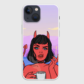 Чехол для iPhone 13 mini с принтом What в Белгороде,  |  | Тематика изображения на принте: coffee | demon | devil | girl | hell | девушка | демон | дьявол | кофе