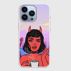 Чехол для iPhone 13 Pro с принтом What в Белгороде,  |  | Тематика изображения на принте: coffee | demon | devil | girl | hell | девушка | демон | дьявол | кофе