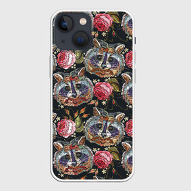 Чехол для iPhone 13 mini с принтом Еноты в Белгороде,  |  | animals | art | drawing | embroidery | flower | raccoons | rose | touches | wild | вышивка | дикие | еноты | животные | звери | искусство | рисунок | роза | цветок | штрихи