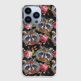 Чехол для iPhone 13 Pro с принтом Еноты в Белгороде,  |  | animals | art | drawing | embroidery | flower | raccoons | rose | touches | wild | вышивка | дикие | еноты | животные | звери | искусство | рисунок | роза | цветок | штрихи