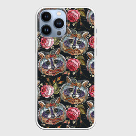 Чехол для iPhone 13 Pro Max с принтом Еноты в Белгороде,  |  | animals | art | drawing | embroidery | flower | raccoons | rose | touches | wild | вышивка | дикие | еноты | животные | звери | искусство | рисунок | роза | цветок | штрихи