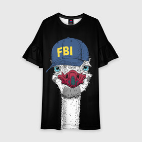 Детское платье 3D с принтом FBI в Белгороде, 100% полиэстер | прямой силуэт, чуть расширенный к низу. Круглая горловина, на рукавах — воланы | Тематика изображения на принте: beak | bird | blue | cap | fbi | funny | head | inscription | long | neck | ostrich | red | весёлый | голова | длинная | кепка | клюв | красный | надпись | птица | синяя | смешной | страус | фбр | шея