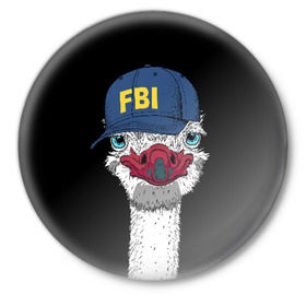 Значок с принтом FBI в Белгороде,  металл | круглая форма, металлическая застежка в виде булавки | beak | bird | blue | cap | fbi | funny | head | inscription | long | neck | ostrich | red | весёлый | голова | длинная | кепка | клюв | красный | надпись | птица | синяя | смешной | страус | фбр | шея