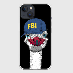 Чехол для iPhone 13 с принтом FBI в Белгороде,  |  | Тематика изображения на принте: beak | bird | blue | cap | fbi | funny | head | inscription | long | neck | ostrich | red | весёлый | голова | длинная | кепка | клюв | красный | надпись | птица | синяя | смешной | страус | фбр | шея