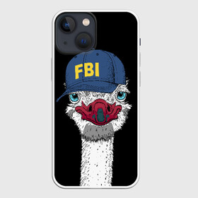 Чехол для iPhone 13 mini с принтом FBI в Белгороде,  |  | Тематика изображения на принте: beak | bird | blue | cap | fbi | funny | head | inscription | long | neck | ostrich | red | весёлый | голова | длинная | кепка | клюв | красный | надпись | птица | синяя | смешной | страус | фбр | шея