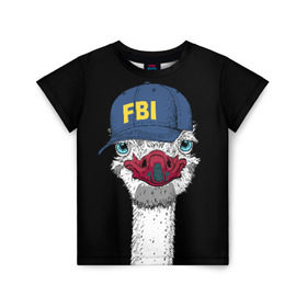 Детская футболка 3D с принтом FBI в Белгороде, 100% гипоаллергенный полиэфир | прямой крой, круглый вырез горловины, длина до линии бедер, чуть спущенное плечо, ткань немного тянется | Тематика изображения на принте: beak | bird | blue | cap | fbi | funny | head | inscription | long | neck | ostrich | red | весёлый | голова | длинная | кепка | клюв | красный | надпись | птица | синяя | смешной | страус | фбр | шея