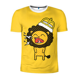Мужская футболка 3D спортивная с принтом Лев в Белгороде, 100% полиэстер с улучшенными характеристиками | приталенный силуэт, круглая горловина, широкие плечи, сужается к линии бедра | animal | beast | childish | crown | drawing | funny | king | lion | mane | screaming | yellow | грива | детский | желтый | животное | зверь | корона | кричит | лев | рисунок | смешной | царь