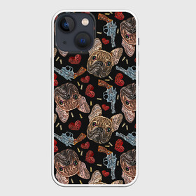 Чехол для iPhone 13 mini с принтом Бульдоги в Белгороде,  |  | animal | breed | bulldogs | cartridges | dash | dogs | drawing | embroidery | french | graphic | hearts | muzzle | weapons | бульдоги | вышивка | графический | животное | оружие | патроны | пистолеты | порода | рисунок | сердца | собаки | французс