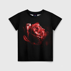 Детская футболка 3D с принтом Кровавая роза в Белгороде, 100% гипоаллергенный полиэфир | прямой крой, круглый вырез горловины, длина до линии бедер, чуть спущенное плечо, ткань немного тянется | Тематика изображения на принте: брызги | кровавая роза | кровь | роза | цветы