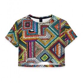 Женская футболка Cropp-top с принтом Этнический орнамент в Белгороде, 100% полиэстер | круглая горловина, длина футболки до линии талии, рукава с отворотами | 