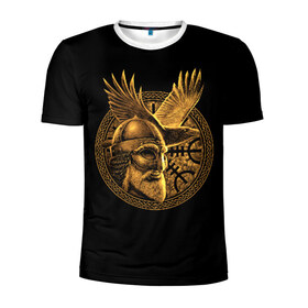 Мужская футболка 3D спортивная с принтом Один в Белгороде, 100% полиэстер с улучшенными характеристиками | приталенный силуэт, круглая горловина, широкие плечи, сужается к линии бедра | beard | celtic | emblem | face | golden | helmet | myth | one | ornament | raven | runes | sword | viking | warrior | борода | викинг | воин | ворон | золотой | кельтский | лицо | меч | миф | один | орнамент | руны | шлем | эмблема