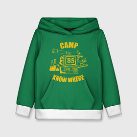 Детская толстовка 3D с принтом CAMP KNOW WHERE в Белгороде, 100% полиэстер | двухслойный капюшон со шнурком для регулировки, мягкие манжеты на рукавах и по низу толстовки, спереди карман-кенгуру с мягким внутренним слоем | Тематика изображения на принте: 80 е | 85 | camp know where | camp nowhere | dustin | netflix | stranger things | дастин | кепка дастина | нетфликс | очень странные дела