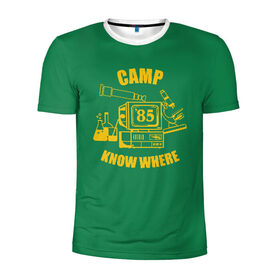 Мужская футболка 3D спортивная с принтом CAMP KNOW WHERE в Белгороде, 100% полиэстер с улучшенными характеристиками | приталенный силуэт, круглая горловина, широкие плечи, сужается к линии бедра | Тематика изображения на принте: 80 е | 85 | camp know where | camp nowhere | dustin | netflix | stranger things | дастин | кепка дастина | нетфликс | очень странные дела