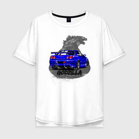 Мужская футболка хлопок Oversize с принтом R34 GODZILLA в Белгороде, 100% хлопок | свободный крой, круглый ворот, “спинка” длиннее передней части | Тематика изображения на принте: jdm | nissan | skyline | ниссан | скайлайн | форсаж