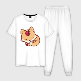 Мужская пижама хлопок с принтом Лисенок и Божья коровка в Белгороде, 100% хлопок | брюки и футболка прямого кроя, без карманов, на брюках мягкая резинка на поясе и по низу штанин
 | fox | лис | лиса | лисенок | лисица | милая | пушистик | рыжая