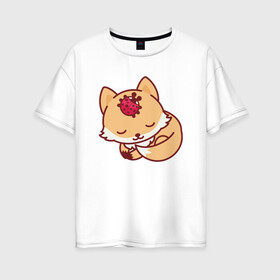 Женская футболка хлопок Oversize с принтом Лисенок и Божья коровка в Белгороде, 100% хлопок | свободный крой, круглый ворот, спущенный рукав, длина до линии бедер
 | fox | лис | лиса | лисенок | лисица | милая | пушистик | рыжая