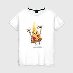 Женская футболка хлопок с принтом Диета - отстой/ Diet sucks в Белгороде, 100% хлопок | прямой крой, круглый вырез горловины, длина до линии бедер, слегка спущенное плечо | bird born | pizza | диета | еда | ирония | комиксы | пицца | спорт | юмор
