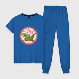 Женская пижама хлопок с принтом Вперёд к мечте! в Белгороде, 100% хлопок | брюки и футболка прямого кроя, без карманов, на брюках мягкая резинка на поясе и по низу штанин | bird born | арт | единорог | животные | иллюстрация | ирония | комиксы | мечта | милота | мотивация | тирекс | юмор
