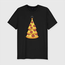Мужская футболка премиум с принтом Пиццеёлка в Белгороде, 92% хлопок, 8% лайкра | приталенный силуэт, круглый вырез ворота, длина до линии бедра, короткий рукав | bird born | арт | веселье | еда | ёлка | иллюстратор | иллюстрация | новый год | пепперони | пицца | радость | рисунок | юмор