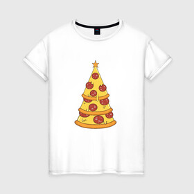 Женская футболка хлопок с принтом Пиццеёлка в Белгороде, 100% хлопок | прямой крой, круглый вырез горловины, длина до линии бедер, слегка спущенное плечо | bird born | арт | веселье | еда | ёлка | иллюстратор | иллюстрация | новый год | пепперони | пицца | радость | рисунок | юмор