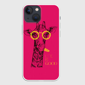 Чехол для iPhone 13 mini с принтом Life is good в Белгороде,  |  | african | animal | giraffe | inscription | life is good | look | pink | pop art | tongue | yellow | африканское | взгляд | желтый | животное | жизнь хороша | жираф | надпись | очки | поп   арт | розовый | язык