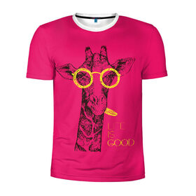 Мужская футболка 3D спортивная с принтом Life is good в Белгороде, 100% полиэстер с улучшенными характеристиками | приталенный силуэт, круглая горловина, широкие плечи, сужается к линии бедра | african | animal | giraffe | inscription | life is good | look | pink | pop art | tongue | yellow | африканское | взгляд | желтый | животное | жизнь хороша | жираф | надпись | очки | поп   арт | розовый | язык