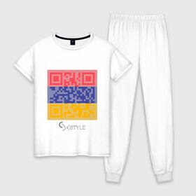 Женская пижама хлопок с принтом QR-Armenia в Белгороде, 100% хлопок | брюки и футболка прямого кроя, без карманов, на брюках мягкая резинка на поясе и по низу штанин | cxstyle | qr | армения | код | символ | страна | флаг