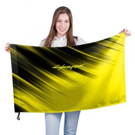 Флаг 3D с принтом Cyberpunk 2077 (Yellow). в Белгороде, 100% полиэстер | плотность ткани — 95 г/м2, размер — 67 х 109 см. Принт наносится с одной стороны | 3d | cyberpunk 2077 | red | абстракция | геометрия | игра | киберпанк 2077 | красный | лого | логотип | надпись | стиль | текстура