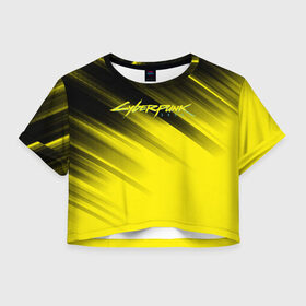 Женская футболка Cropp-top с принтом Cyberpunk 2077 (Yellow). в Белгороде, 100% полиэстер | круглая горловина, длина футболки до линии талии, рукава с отворотами | 3d | cyberpunk 2077 | red | абстракция | геометрия | игра | киберпанк 2077 | красный | лого | логотип | надпись | стиль | текстура