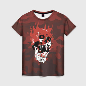 Женская футболка 3D с принтом Flame в Белгороде, 100% полиэфир ( синтетическое хлопкоподобное полотно) | прямой крой, круглый вырез горловины, длина до линии бедер | Тематика изображения на принте: fangs | fire | flame | grin | halloween | jaw | orbits | skull | teeth | клыки | оскал | пламя | хэллоуин