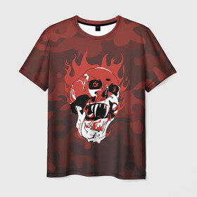 Мужская футболка 3D с принтом Flame в Белгороде, 100% полиэфир | прямой крой, круглый вырез горловины, длина до линии бедер | Тематика изображения на принте: fangs | fire | flame | grin | halloween | jaw | orbits | skull | teeth | клыки | оскал | пламя | хэллоуин