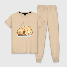 Женская пижама хлопок с принтом Спящий мопс в Белгороде, 100% хлопок | брюки и футболка прямого кроя, без карманов, на брюках мягкая резинка на поясе и по низу штанин | dog | pug | мопс | пес | псина | собака | собачка | сон | спит | спящий