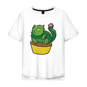 Мужская футболка хлопок Oversize с принтом Кот-кактус в Белгороде, 100% хлопок | свободный крой, круглый ворот, “спинка” длиннее передней части | cat | горшок | иголки | кактус | кот кактус | котик | кошка | растение | цветок