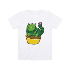 Детская футболка хлопок с принтом Кот-кактус в Белгороде, 100% хлопок | круглый вырез горловины, полуприлегающий силуэт, длина до линии бедер | cat | горшок | иголки | кактус | кот кактус | котик | кошка | растение | цветок