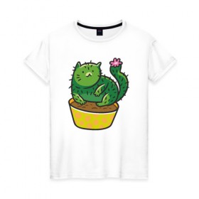 Женская футболка хлопок с принтом Кот-кактус в Белгороде, 100% хлопок | прямой крой, круглый вырез горловины, длина до линии бедер, слегка спущенное плечо | cat | горшок | иголки | кактус | кот кактус | котик | кошка | растение | цветок