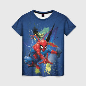 Женская футболка 3D с принтом Spider-man with a spiderweb в Белгороде, 100% полиэфир ( синтетическое хлопкоподобное полотно) | прямой крой, круглый вырез горловины, длина до линии бедер | Тематика изображения на принте: avengers | comics | marvel | peter parker | spider man | stan lee | super her | web shooter | комикс | марвел | марвэл | мстители | паутина | паучок | питер паркер | спайди | стэн ли | человек паук