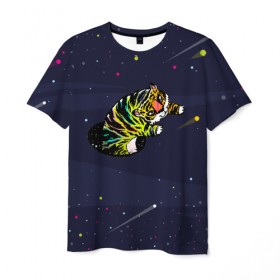 Мужская футболка 3D с принтом Тигр и телепорт (двусторонняя) в Белгороде, 100% полиэфир | прямой крой, круглый вырез горловины, длина до линии бедер | галактика | звезды | космос | кот | кошка | полосатый | телепорт | тигр | тигренок